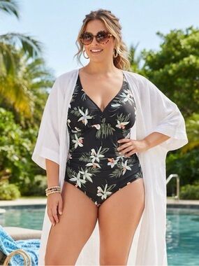 NWT Calypso Cove Black Tropical Floral One-Piece Swimsuit Size 24W